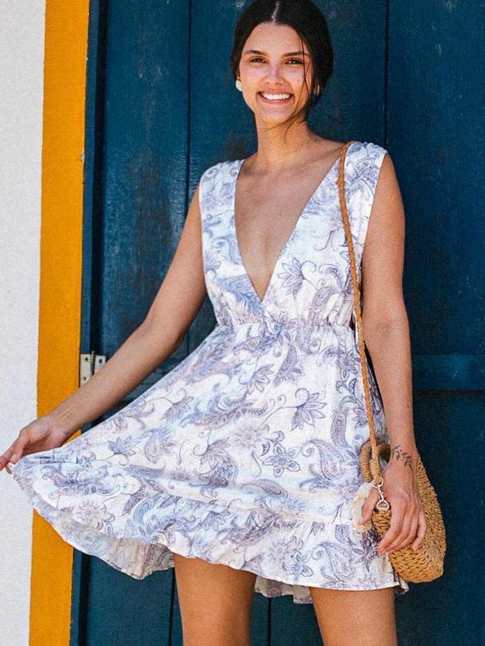 Cupshe White and Purple Paisley Deep V Mini Dress